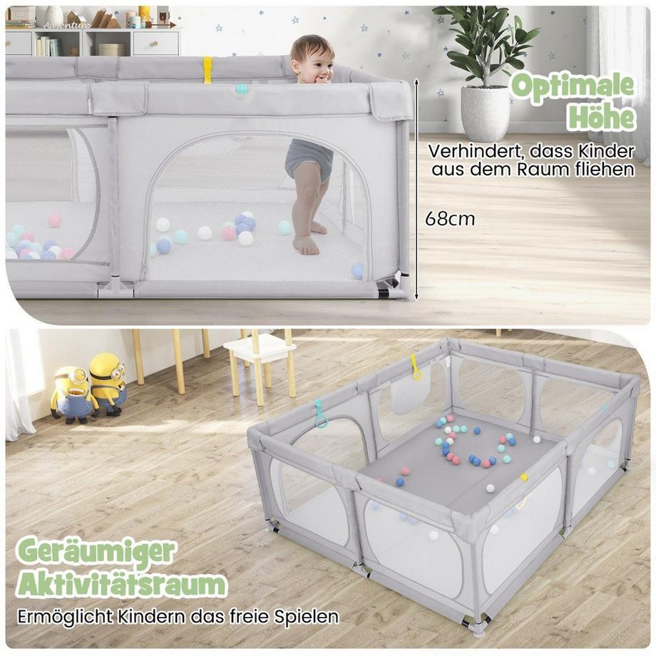 B2X  Baby-Laufgitter mit 4 Zugringen & 50 Ozeanbällen & Atmungsaktives Mesh & Tragetasche Hellgrau 