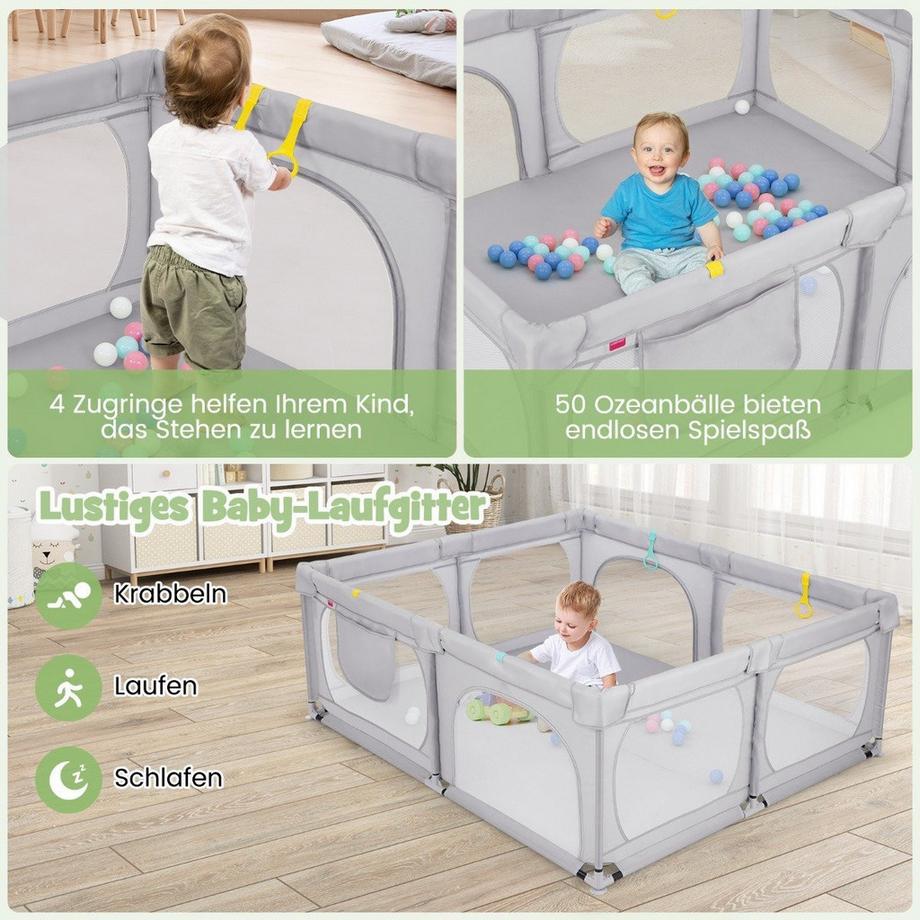 B2X  Baby-Laufgitter mit 4 Zugringen & 50 Ozeanbällen & Atmungsaktives Mesh & Tragetasche Hellgrau 