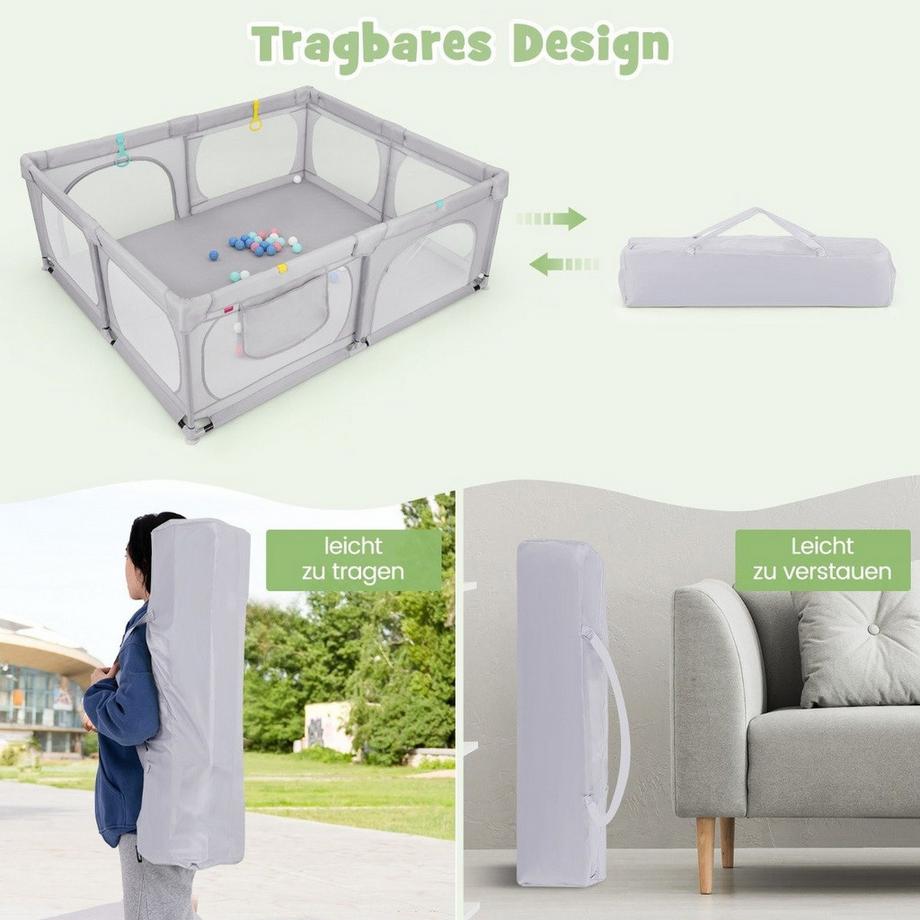 B2X  Baby-Laufgitter mit 4 Zugringen & 50 Ozeanbällen & Atmungsaktives Mesh & Tragetasche Hellgrau 