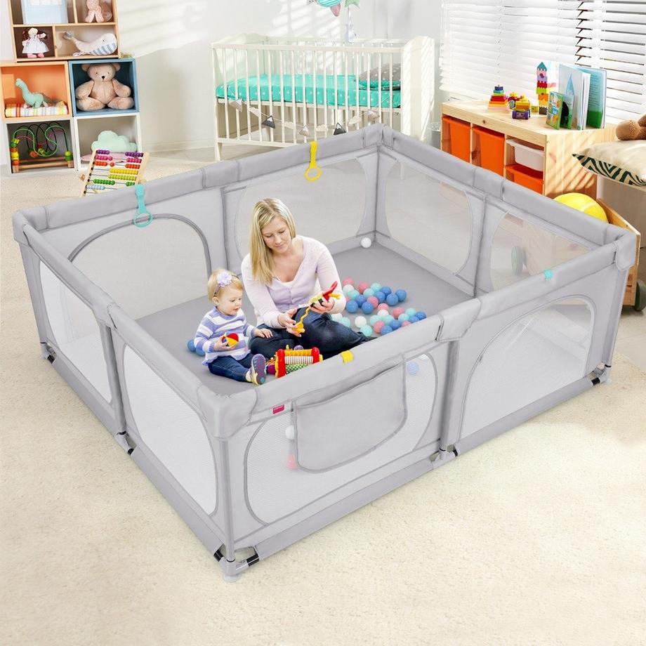 B2X  Baby-Laufgitter mit 4 Zugringen & 50 Ozeanbällen & Atmungsaktives Mesh & Tragetasche Hellgrau 