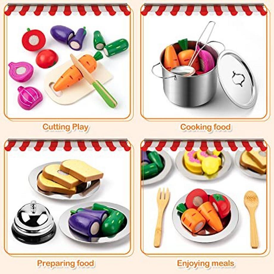 Activity-board  Kinderküche Zubehör Holz, Küche Spielzeug spielen Küche Töpfe Pfannen Edelstahl Küche und Kostüm zu 