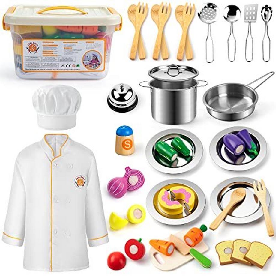 Activity-board  Kinderküche Zubehör Holz, Küche Spielzeug spielen Küche Töpfe Pfannen Edelstahl Küche und Kostüm zu 