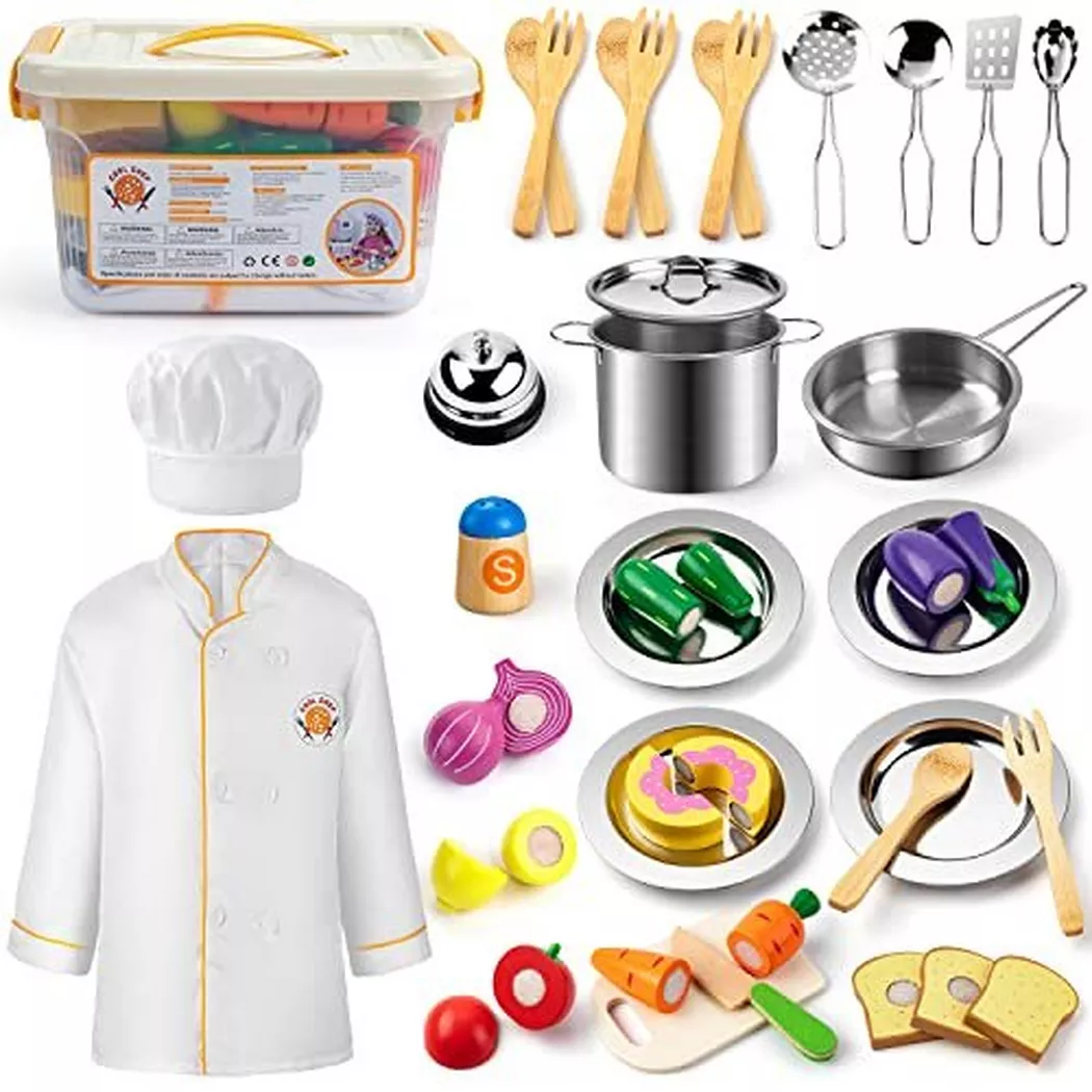 Activity-board - Kinderküche Zubehör Holz, Küche Spielzeug spielen Küche Töpfe Pfannen Edelstahl Küche und Kostüm zu, One Size, Multicolor