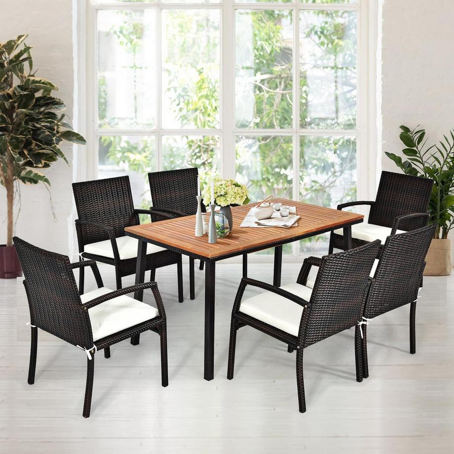 B2X Tavolo da giardino tavolo da pranzo con foro per ombrellone tavolo in legno tavolo da patio in legno di acacia 140 x 75 x 76 cm naturale  