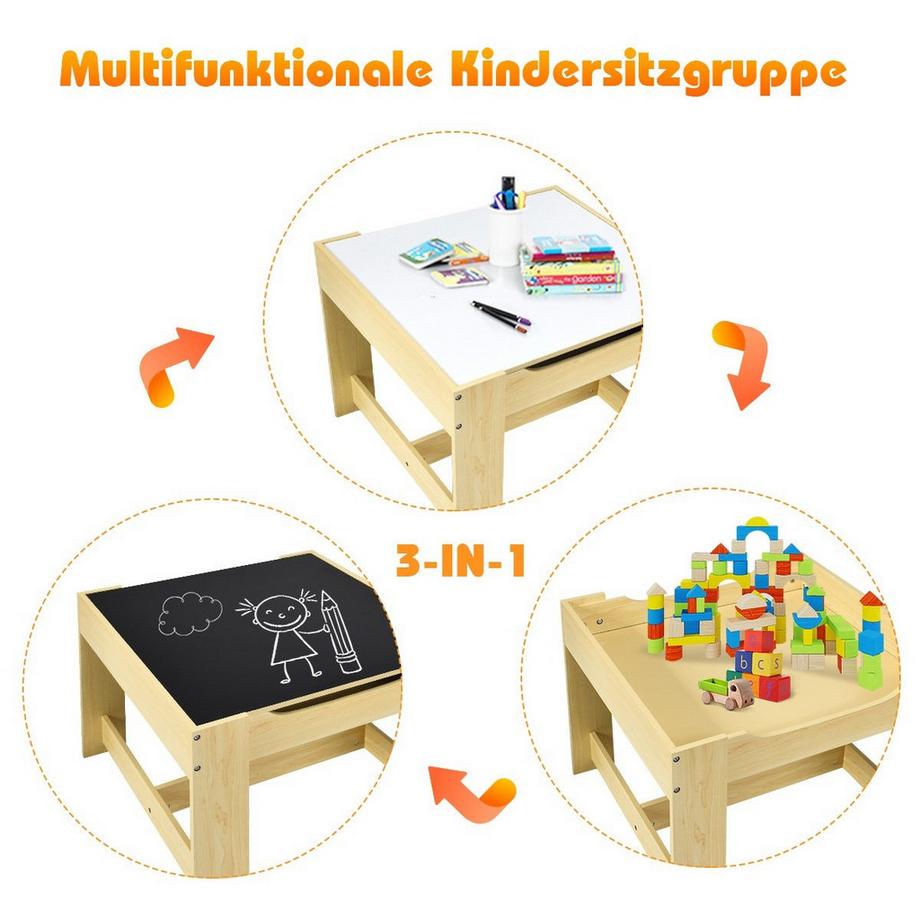 Northix  3 TLG. Kindersitzgruppe Kindermöbel Kindersitzgarnitur Kindertisch mit 2 Stühlen aus Holz 3 in 1 Maltisch 