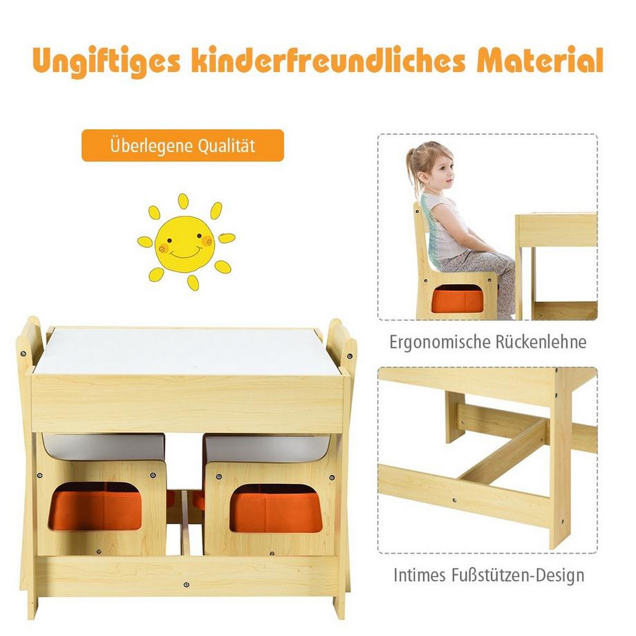 Northix  3 TLG. Kindersitzgruppe Kindermöbel Kindersitzgarnitur Kindertisch mit 2 Stühlen aus Holz 3 in 1 Maltisch 