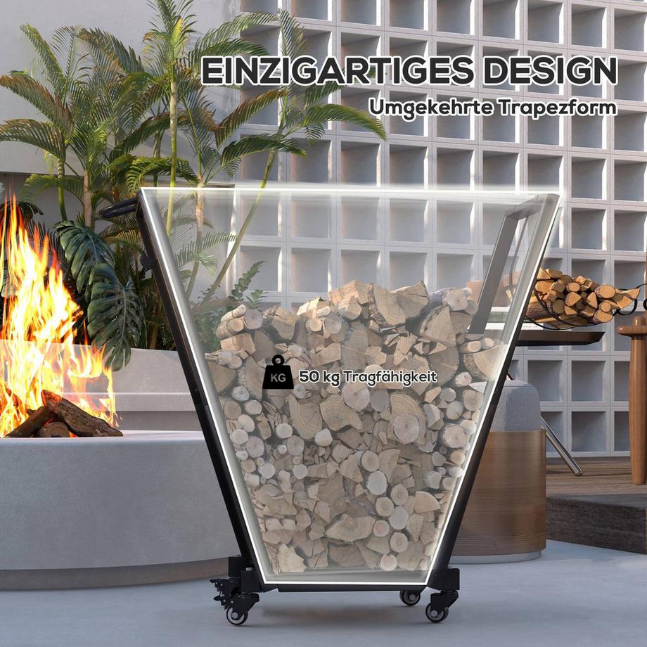 Northio Support à bois de cheminée avec roulettes 79 x 30 x 81 cm, support à bois de cheminée pour jardin et terrasse, métal noir, avec crochets pour petit bois et outils  