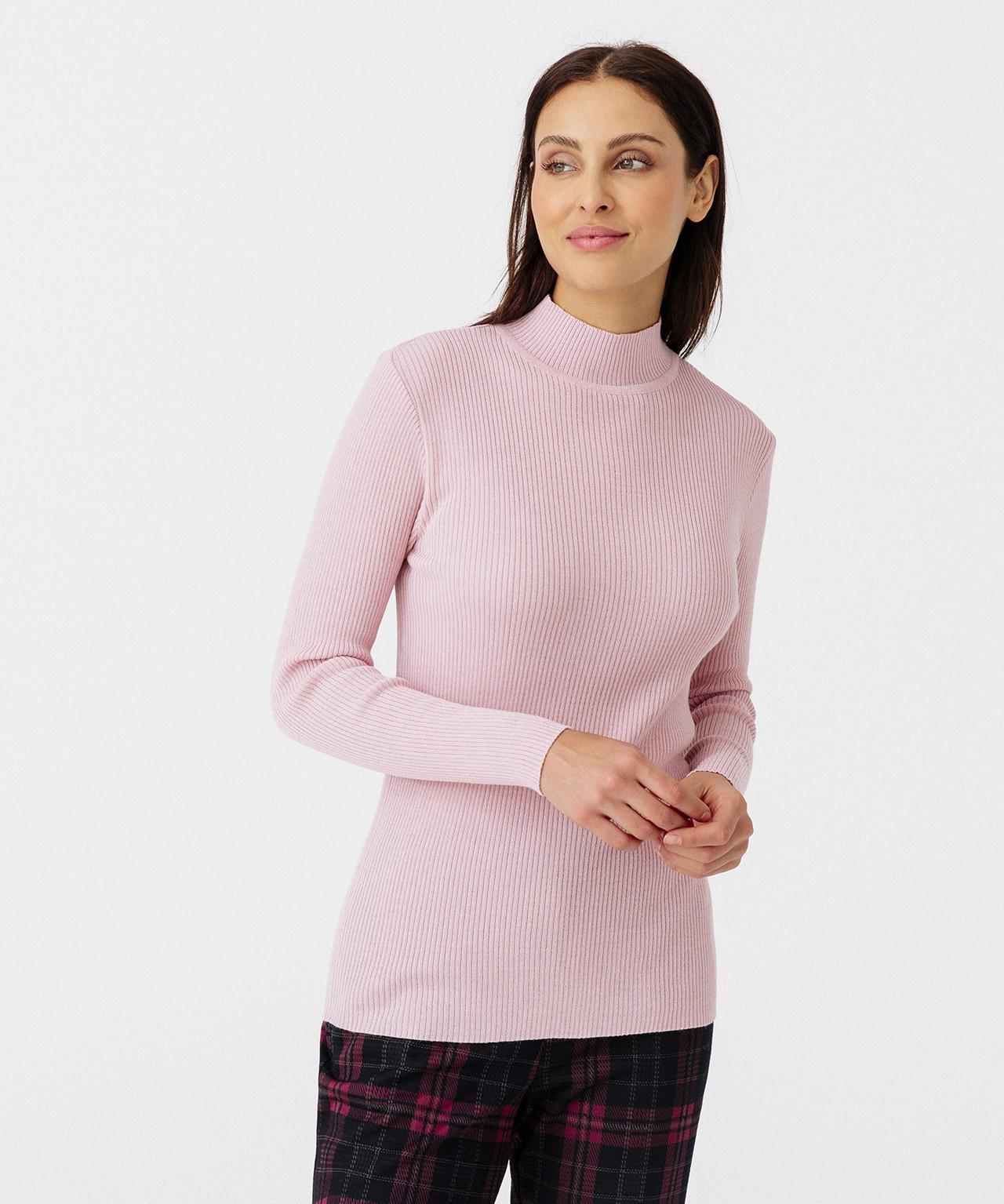 Image of Rippstrickpullover Stehkragen Uni Und Gestreift, 50 % Merino-wolle. Unisex Rosa 54/56