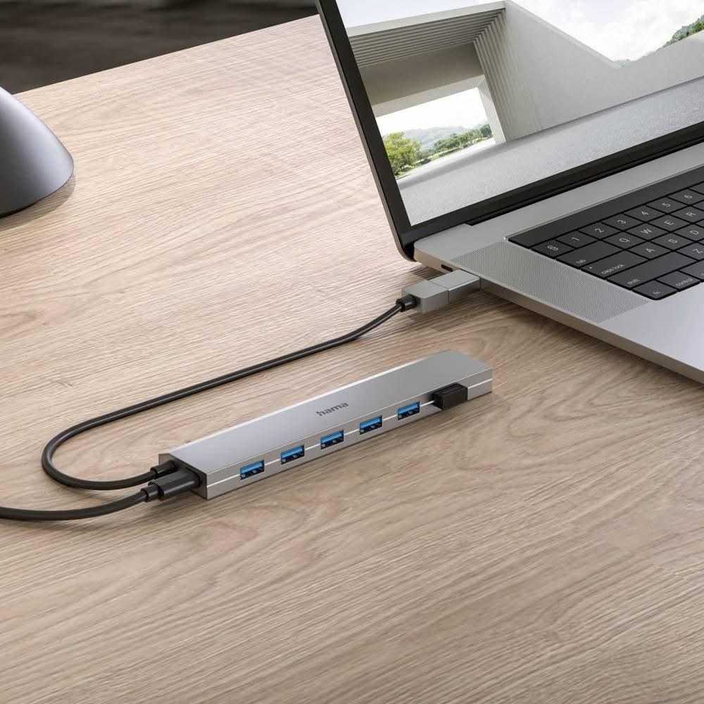 hama  Hub USB 7 ports, USB 3.2 Gen1, 5 Gbits/s, avec Adaptateur USB-C et bloc d 
