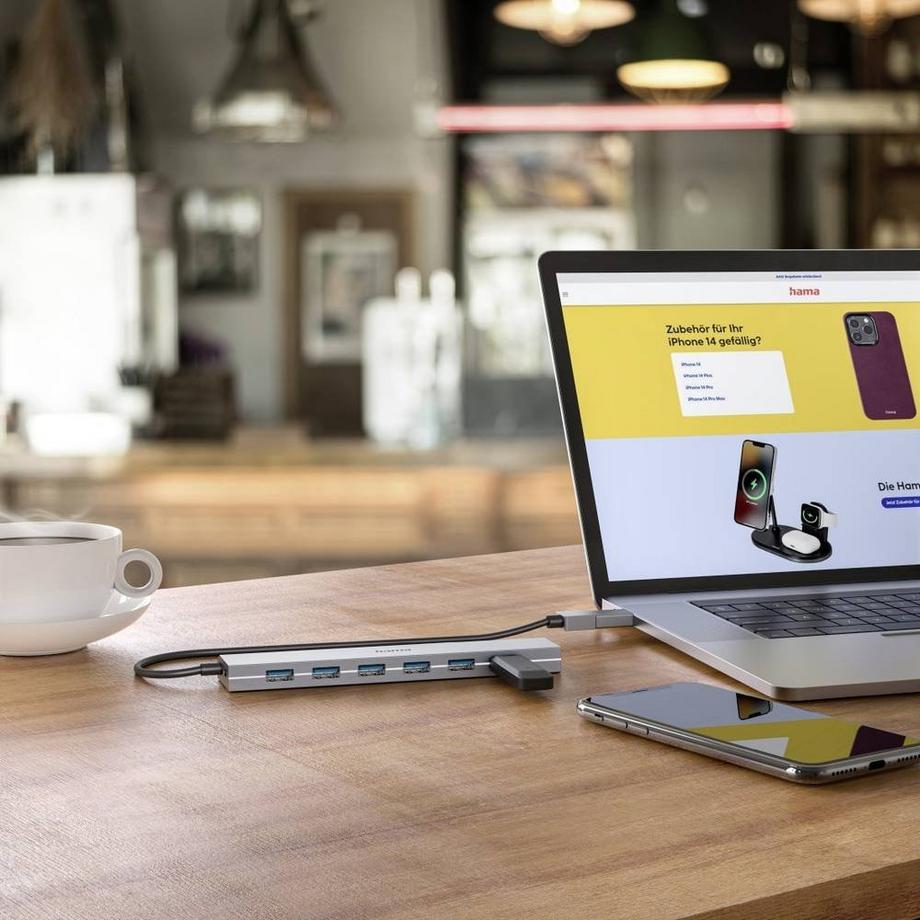 hama  USB-Hub, 7 Ports, USB 3.2 Gen1, 5 Gbit s, inkl. USB-C-Adapter und Netzteil 