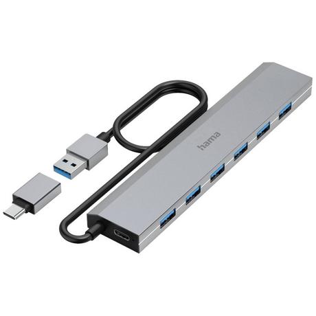 hama  Hub USB 7 ports, USB 3.2 Gen1, 5 Gbits/s, avec Adaptateur USB-C et bloc d 