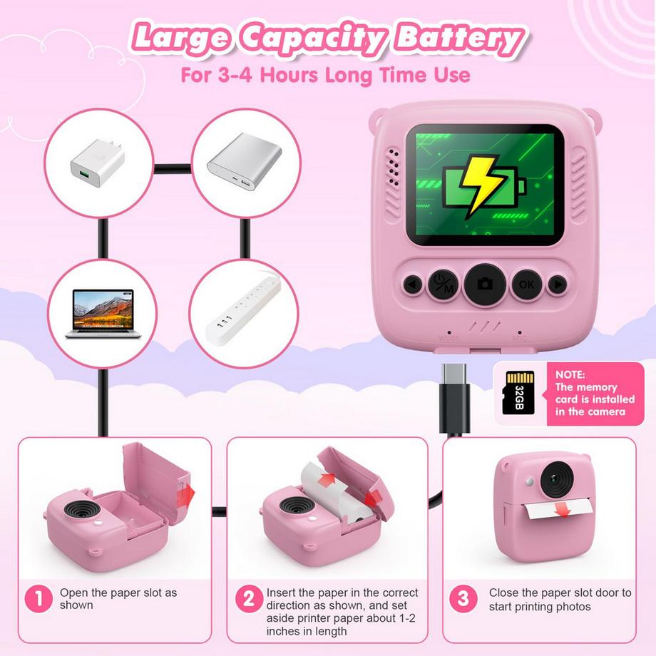 Activity-board  Kinderkamera Sofortbildkamera, Sofortbildkamera Kinder mit Karte & Druckpapier 