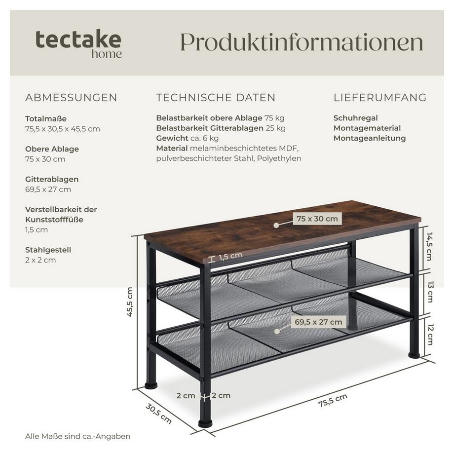 Tectake Schuhregal Derry Industrial Style Holz und Stahl  