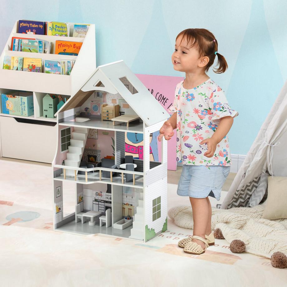 Northio  Maison de poupée en bois, maison de poupée à 3 étages avec 13 meubles et accessoires, maisonnette de 85,3 cm de haut pour enfants de 3 à 6 ans, gris 