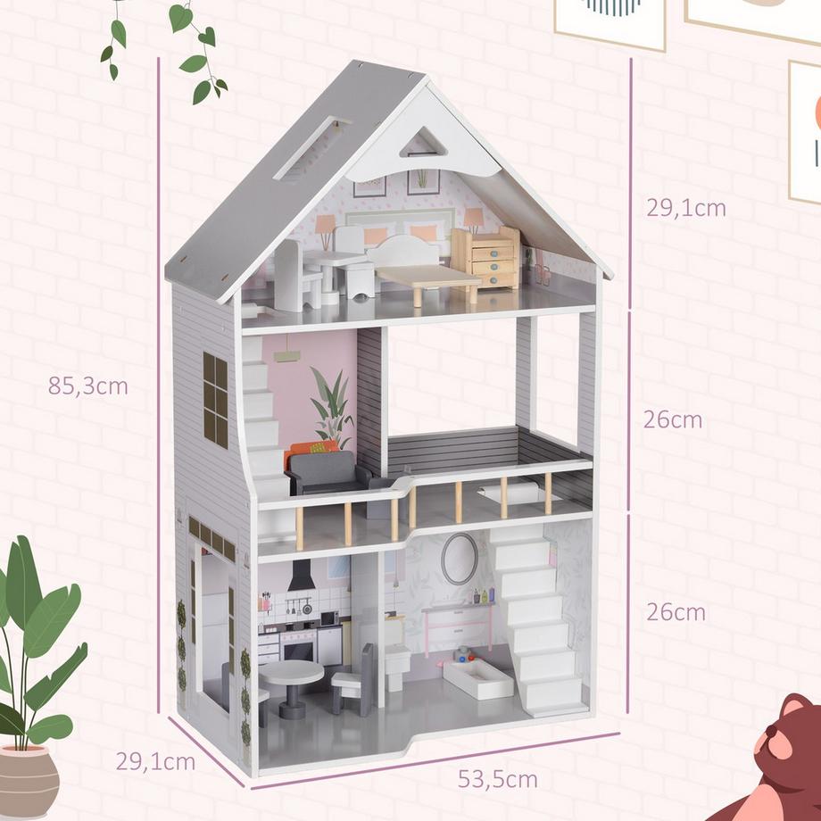 Northio  Maison de poupée en bois, maison de poupée à 3 étages avec 13 meubles et accessoires, maisonnette de 85,3 cm de haut pour enfants de 3 à 6 ans, gris 