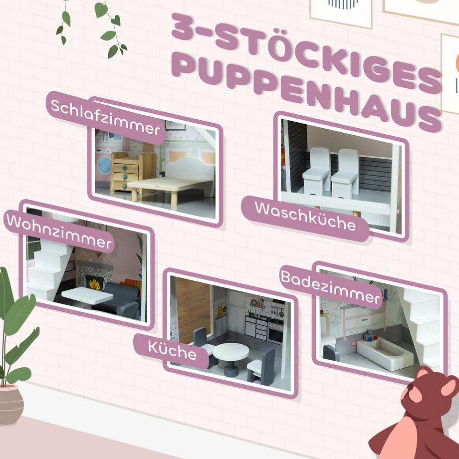 Northio  Maison de poupée en bois, maison de poupée à 3 étages avec 13 meubles et accessoires, maisonnette de 85,3 cm de haut pour enfants de 3 à 6 ans, gris 