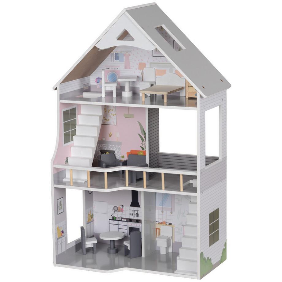 Northio  Maison de poupée en bois, maison de poupée à 3 étages avec 13 meubles et accessoires, maisonnette de 85,3 cm de haut pour enfants de 3 à 6 ans, gris 