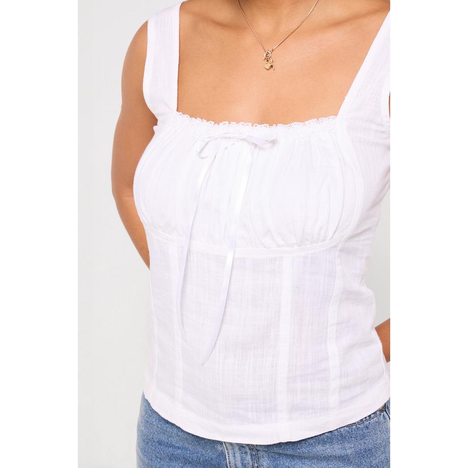 Joe Browns Blouse Bardot en Mélange de Lin avec Manches à Brides et Détail Dentelle  