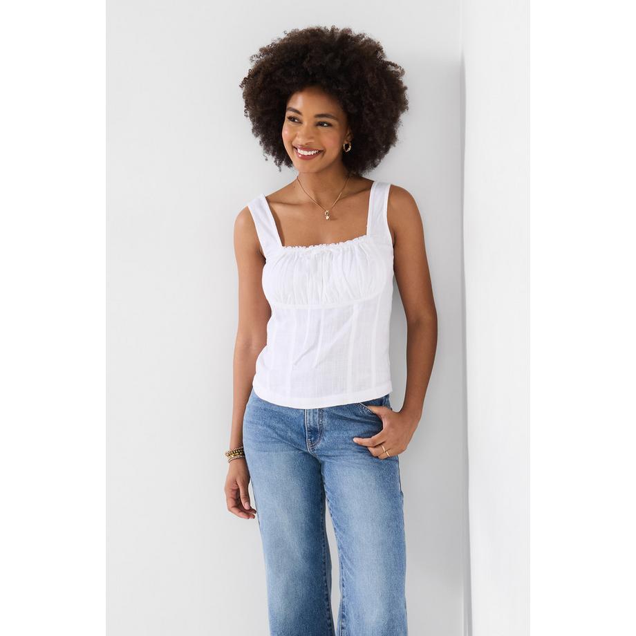 Blouse Bardot en Mélange de Lin avec Manches à Brides et Détail Dentelle