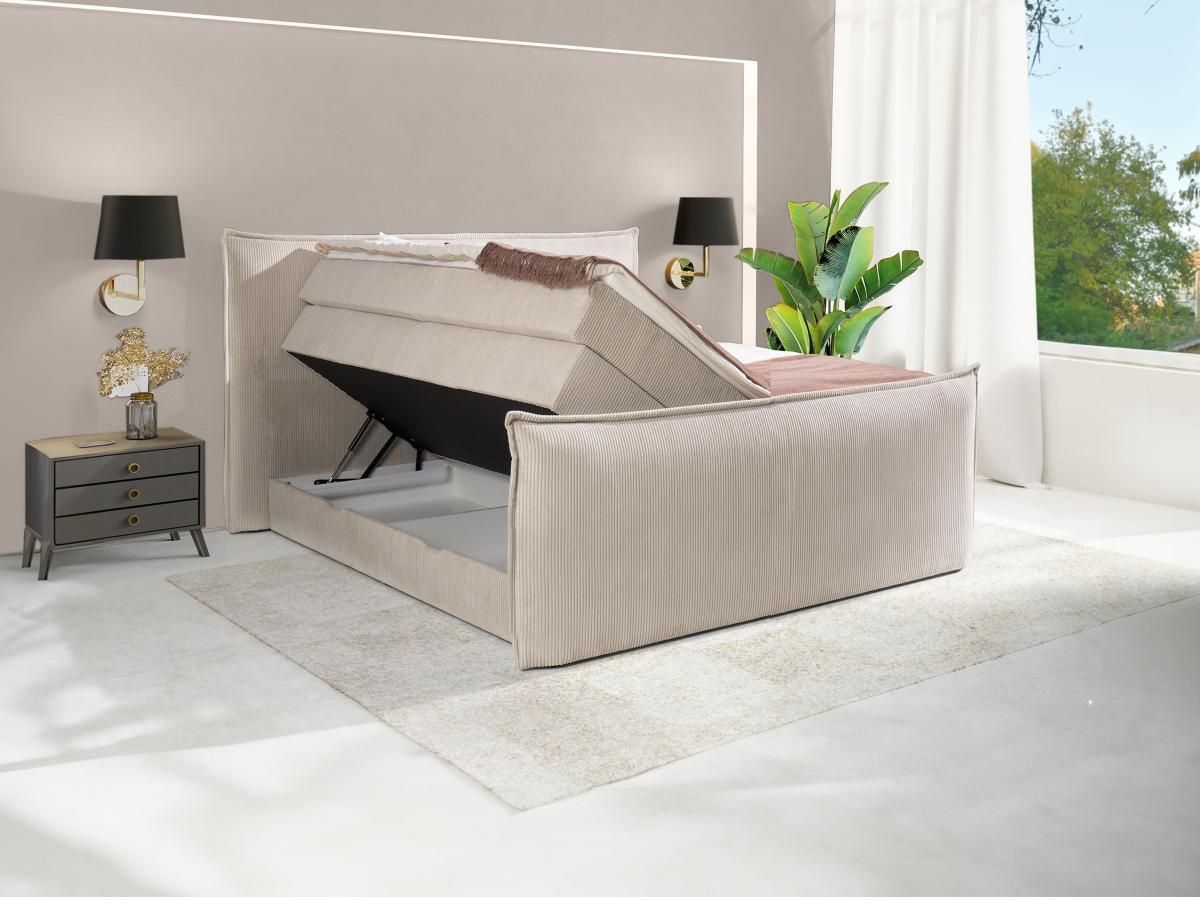 Vente-unique Ensemble complet boxspring tête de lit + sommiers coffre + matelas + surmatelas - 2 x 80 x 200 cm - Velours côtelé - Ivoire - RHODA de PALACIO  