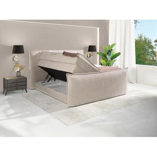 Vente-unique Ensemble complet boxspring tête de lit + sommiers coffre + matelas + surmatelas - 2 x 80 x 200 cm - Velours côtelé - Ivoire - RHODA de PALACIO  