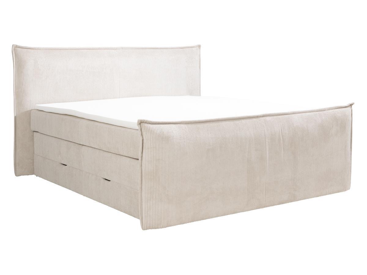 Vente-unique Ensemble complet boxspring tête de lit + sommiers coffre + matelas + surmatelas - 2 x 80 x 200 cm - Velours côtelé - Ivoire - RHODA de PALACIO  