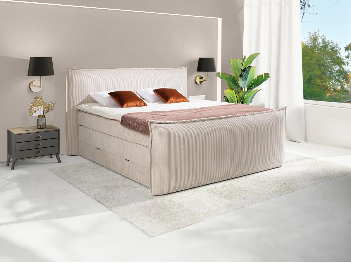 Vente-unique Ensemble complet boxspring tête de lit + sommiers coffre + matelas + surmatelas - 2 x 80 x 200 cm - Velours côtelé - Ivoire - RHODA de PALACIO  