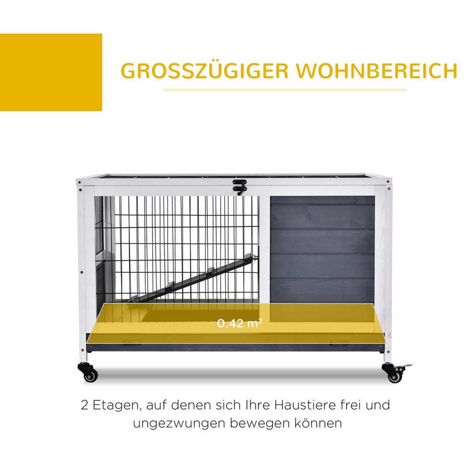 Northio  Kleintierstall mobil mit Rädern für Meerschweinchenkäfig aus Tannenholz in Dunkelgrau und Weiß 90x53x59cm 