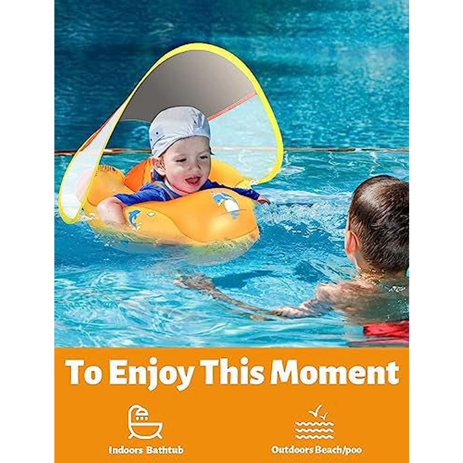 Activity-board  Anneau de flotteur pour bébé avec auvent amovible, cerceau de natation gonflable pour bébé de 3 à 36 mois (orange, L) 