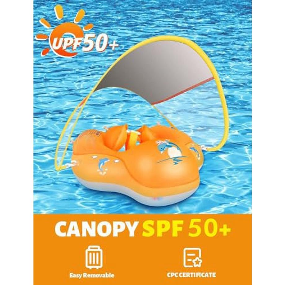 Activity-board  Anneau de flotteur pour bébé avec auvent amovible, cerceau de natation gonflable pour bébé de 3 à 36 mois (orange, L) 