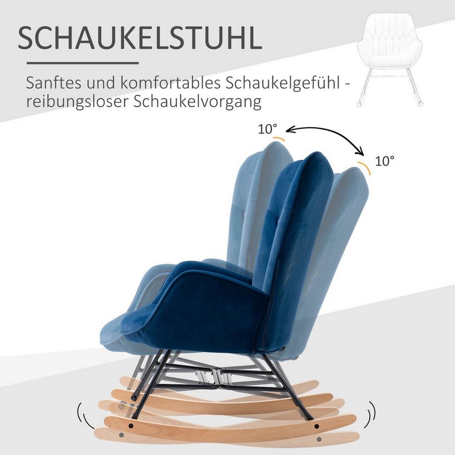 Northio Schaukelstuhl mit Ohren Rocking Chair Großer Komfort Armlehnen Sitz Rückenlehne gepolstert mit hoher Dichte Samtstoff Blau  