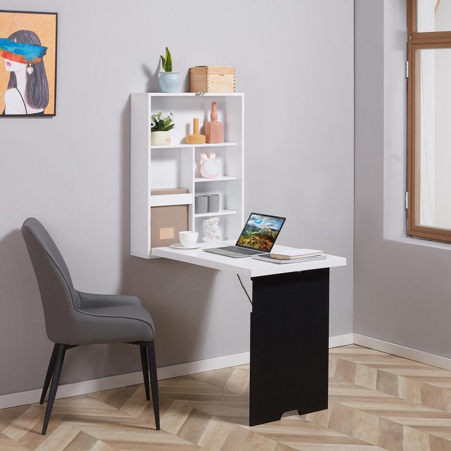 Northio Tavolo Da Parete Scrivania Pieghevole 5 Scomparti Bordo Bianco + Nero 60X94,5X147 Cm  