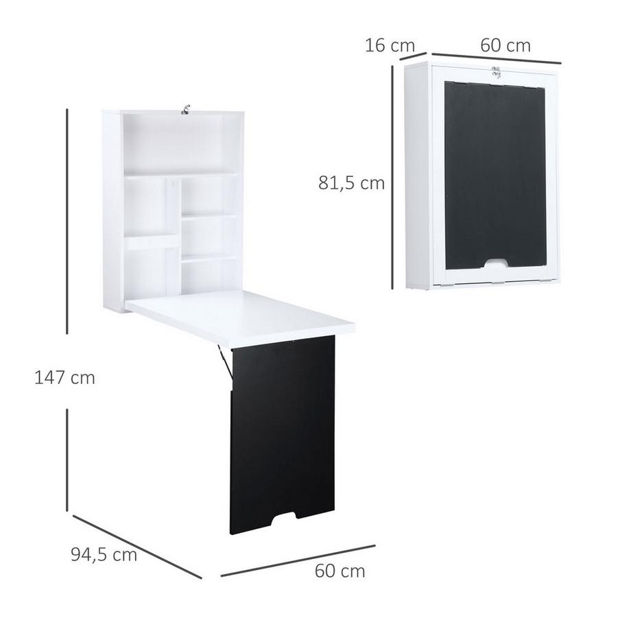 Northio Tavolo Da Parete Scrivania Pieghevole 5 Scomparti Bordo Bianco + Nero 60X94,5X147 Cm  