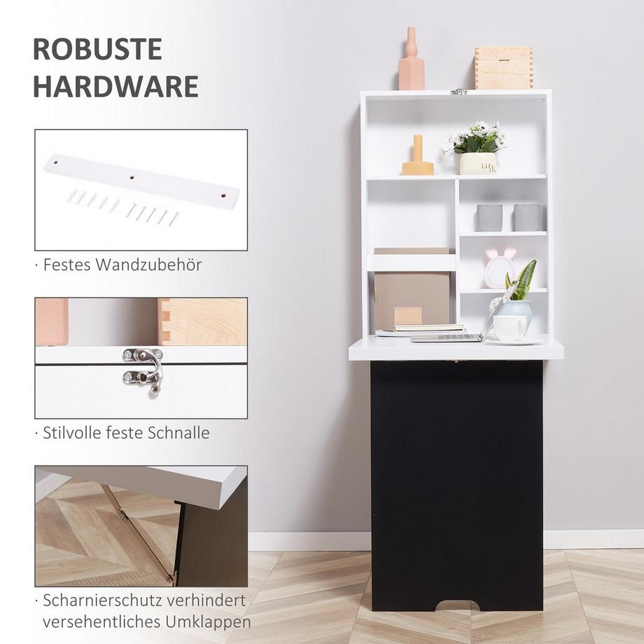 Northio Tavolo Da Parete Scrivania Pieghevole 5 Scomparti Bordo Bianco + Nero 60X94,5X147 Cm  