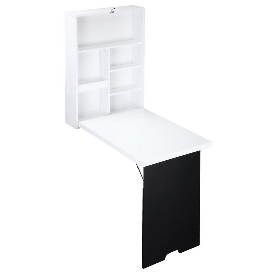 Table Murale Bureau Pliant 5 Compartiments Plateau Blanc + Noir 60X94.5X147Cm