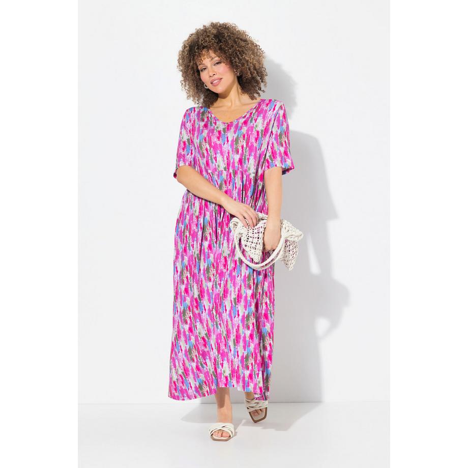 Ulla Popken Robe Midi Jersey Coupe Évasée Col V Manches Courtes  
