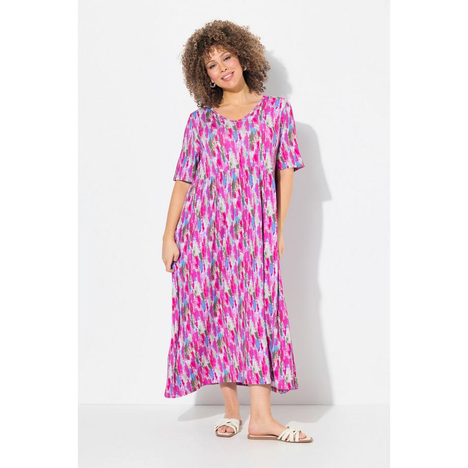 Ulla Popken Robe Midi Jersey Coupe Évasée Col V Manches Courtes  