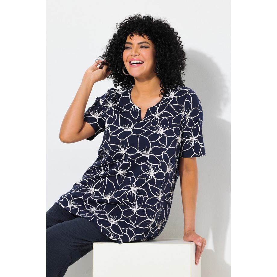 Ulla Popken Blüten A-Linie T-Shirt Tunika-Ausschnitt Halbarm  