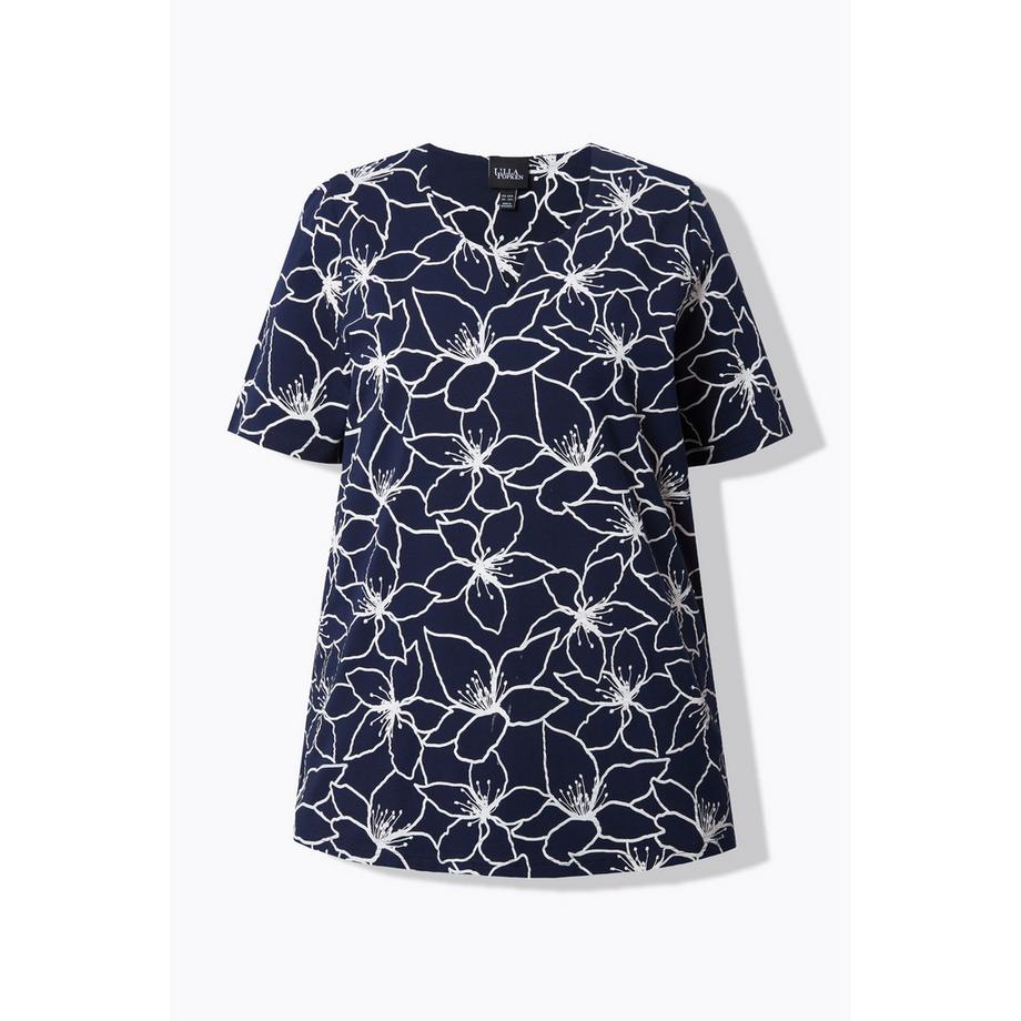 Ulla Popken Blüten A-Linie T-Shirt Tunika-Ausschnitt Halbarm  