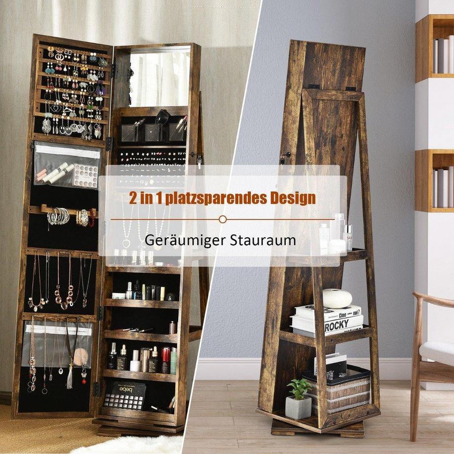 Northio Armoire à bijoux & étagère échelle 2 en 1 avec miroir pleine longueur 39 x 39 x 161 cm marron  