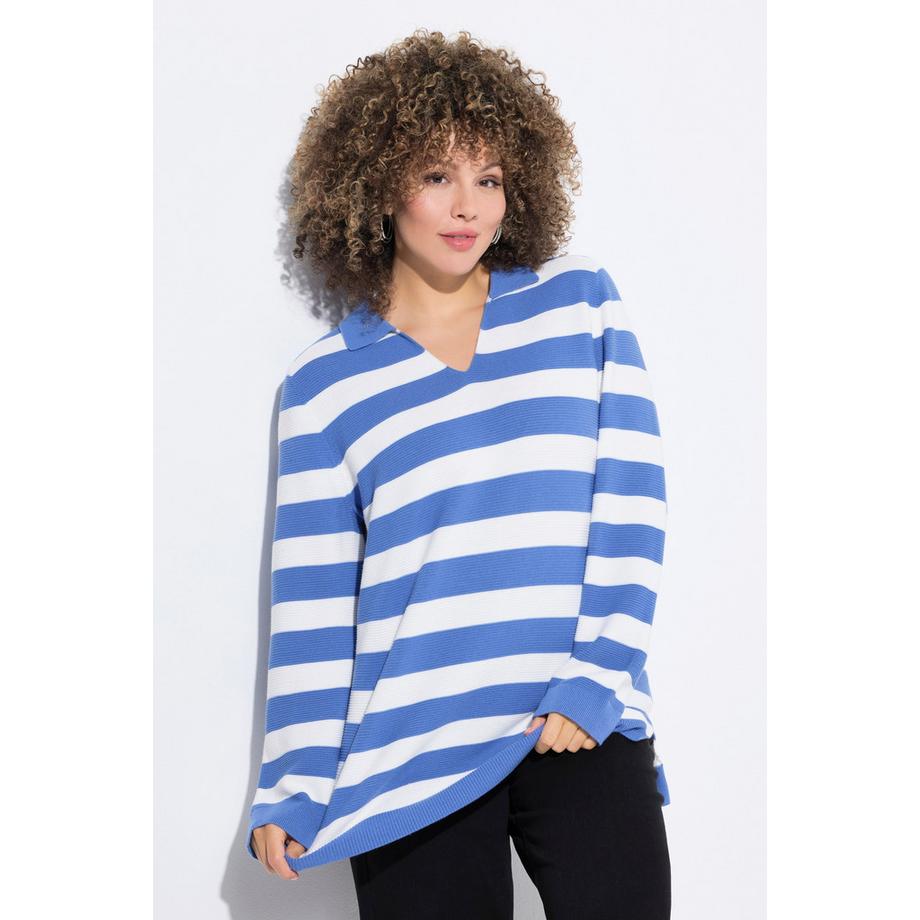 Ulla Popken Maglione Rigato Collo Polo Maniche Lunghe  