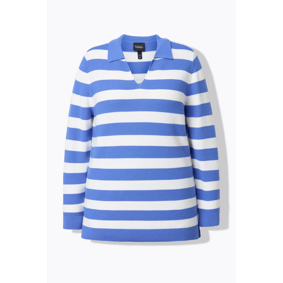 Ulla Popken Maglione Rigato Collo Polo Maniche Lunghe  