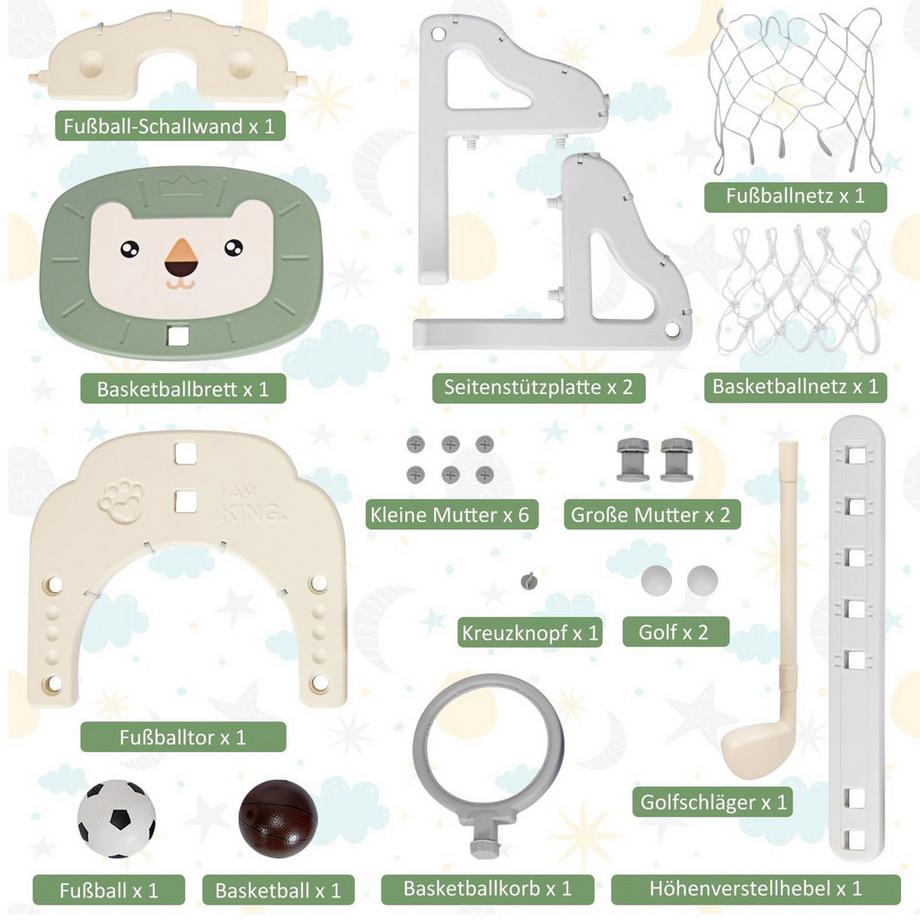 Northix  Ensemble de panier de basket-ball 3 en 1, cerceau de basket-ball pour tout-petits avec hauteur réglable, ensemble de basket-ball, de Football, de Golf, vert + blanc 