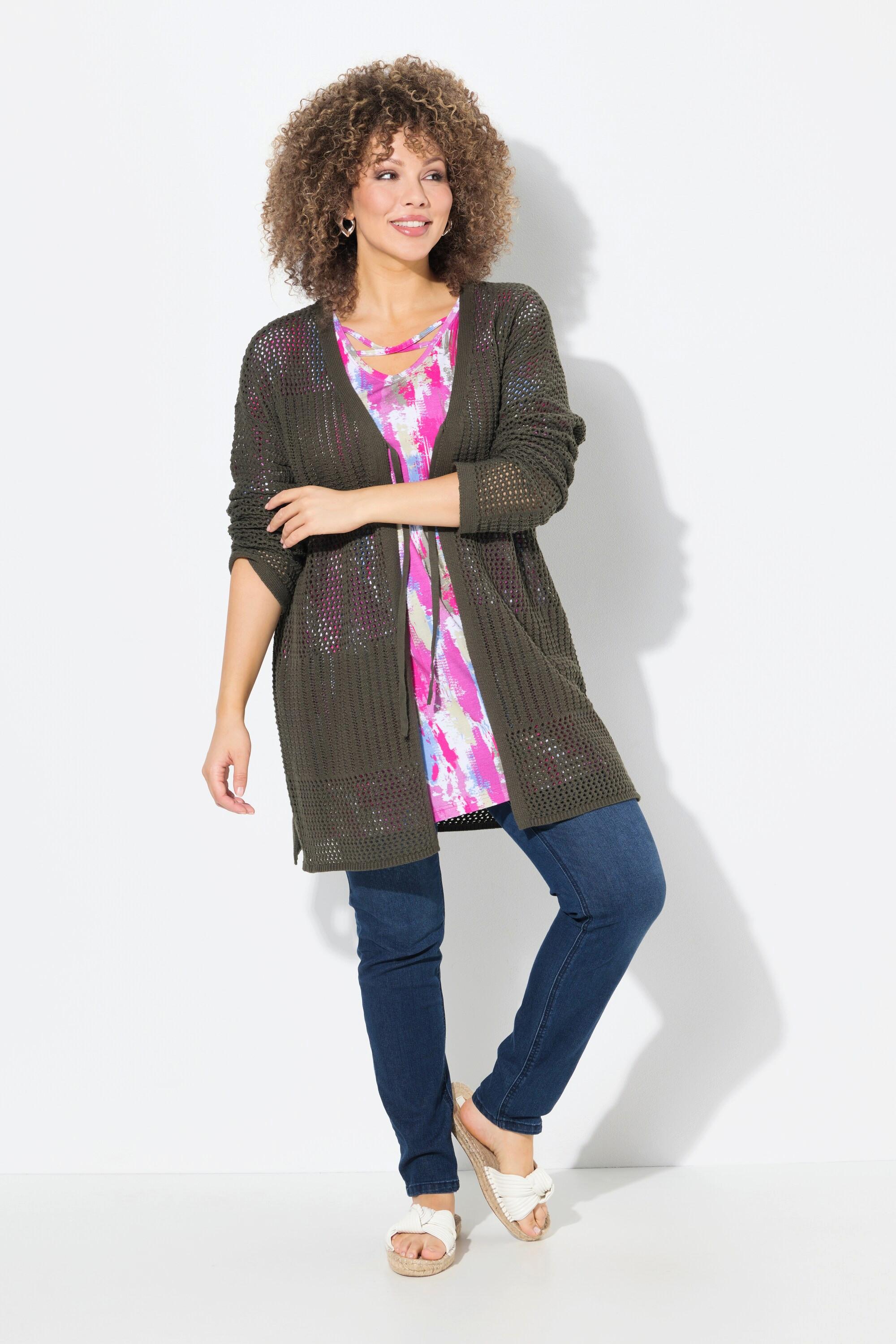 Ulla Popken Cardigan Oversize Maglia Traforata a Righe  