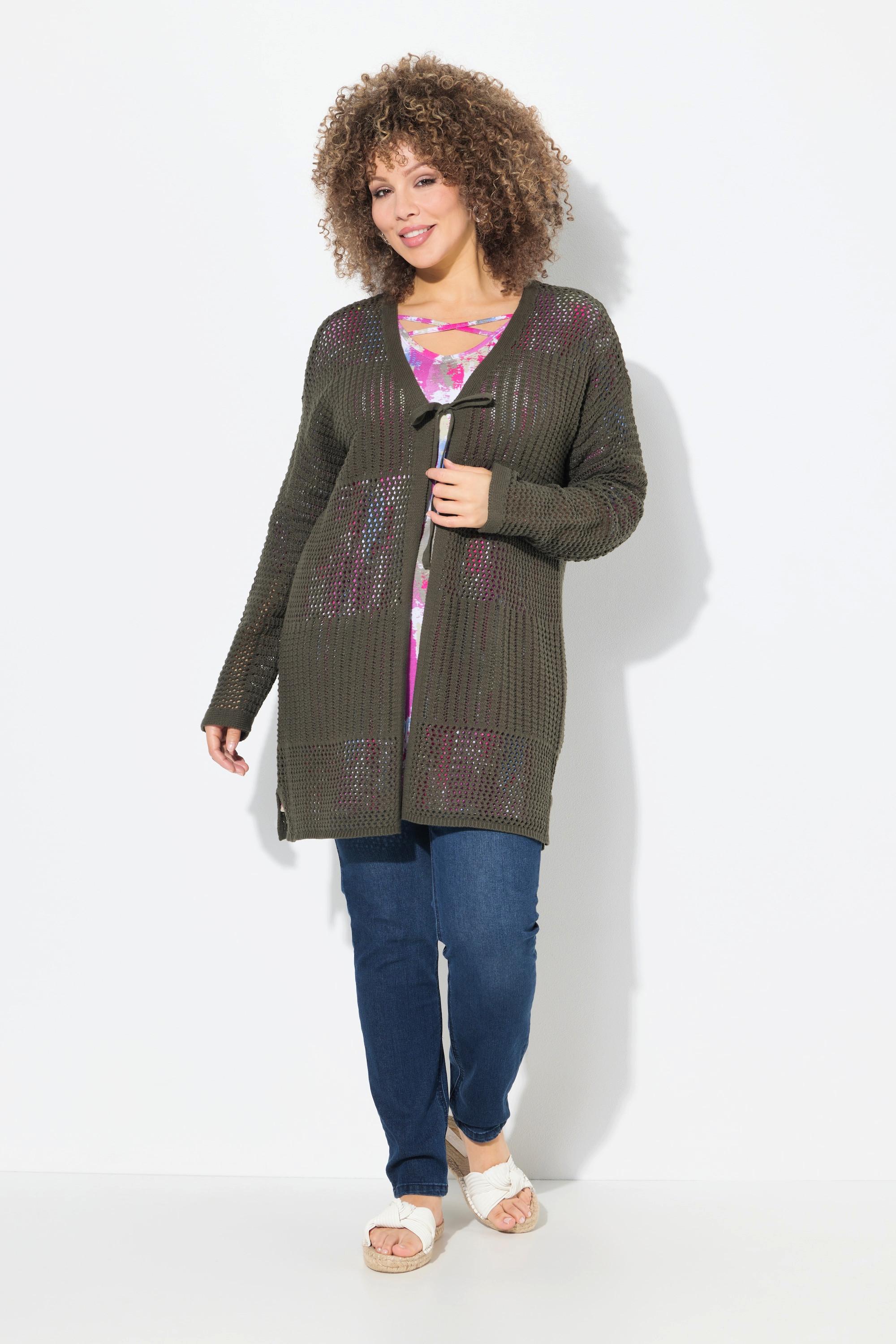 Ulla Popken Cardigan Oversize Maglia Traforata a Righe  