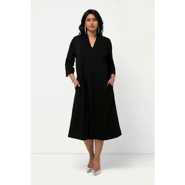 Robe midi point de Rome, manches 3/4, col calice et décolleté en V