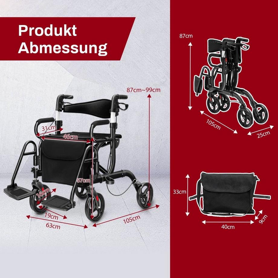 B2X  Rollator faltbar und leicht mit Sitz 2 in 1 Rollstuhl & Reiserollator Gehhilfe 6-fach höhenverstellbar 