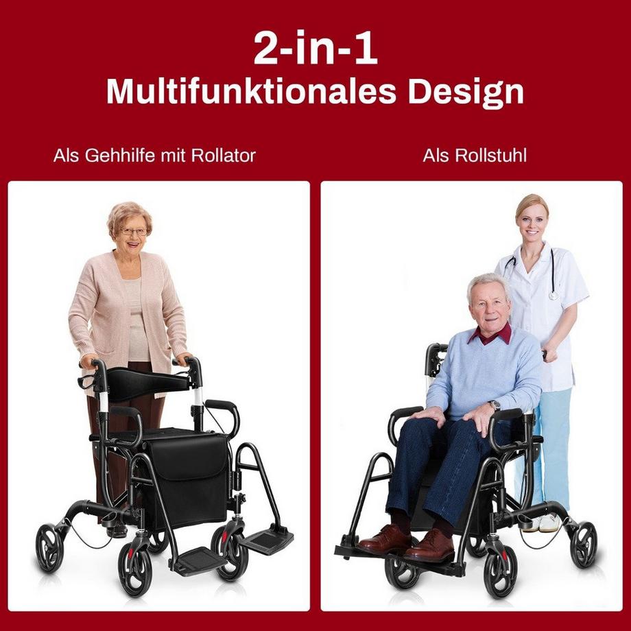 B2X  Rollator faltbar und leicht mit Sitz 2 in 1 Rollstuhl & Reiserollator Gehhilfe 6-fach höhenverstellbar 