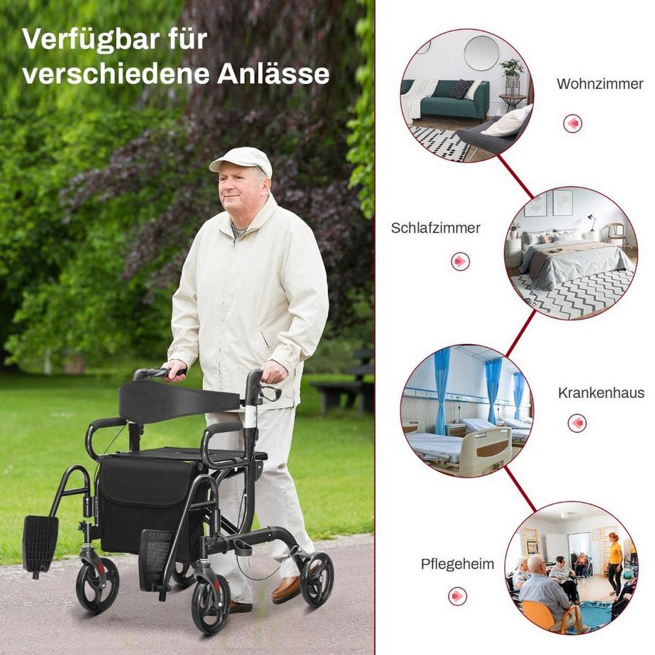 B2X  Rollator faltbar und leicht mit Sitz 2 in 1 Rollstuhl & Reiserollator Gehhilfe 6-fach höhenverstellbar 