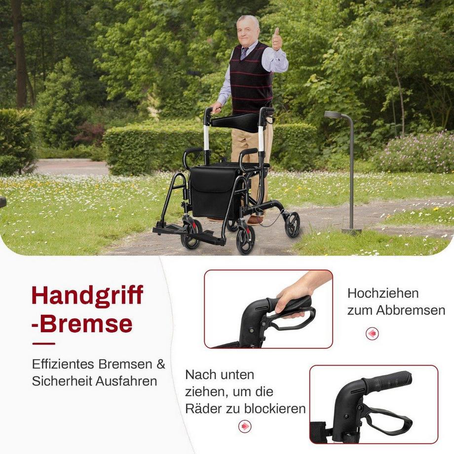 B2X  Rollator faltbar und leicht mit Sitz 2 in 1 Rollstuhl & Reiserollator Gehhilfe 6-fach höhenverstellbar 